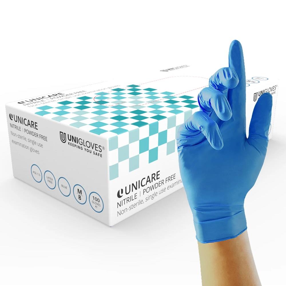 Box 100 Unicare Blue Nitrile Powder Free Medical Grade Disposable Gloves GS003 Unigloves