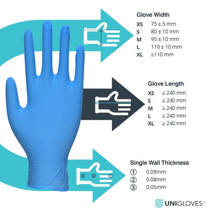 Box 100 Unicare Blue Nitrile Powder Free Medical Grade Disposable Gloves GS003 Unigloves