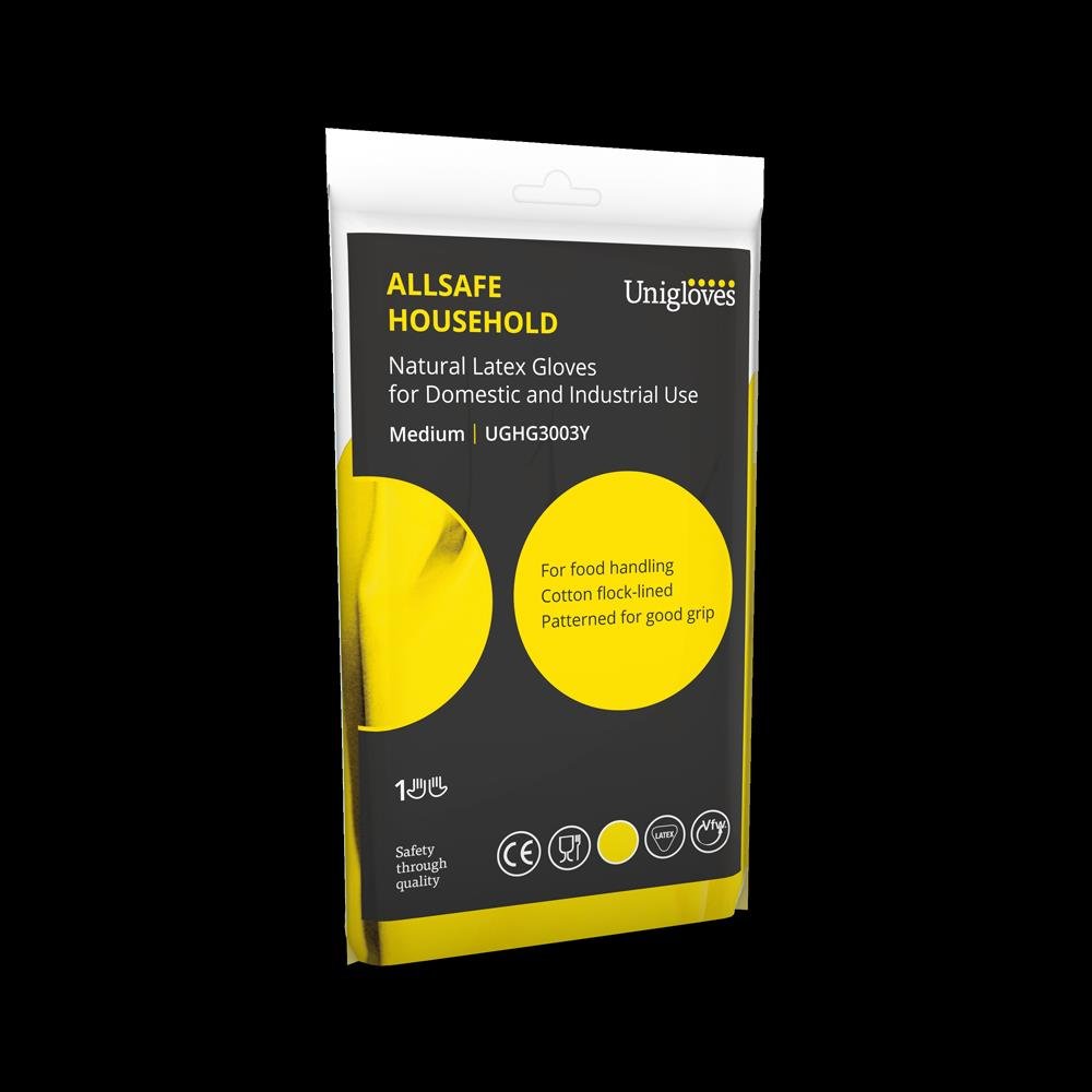 Unigloves Allsafe Yellow Latex Household Rubber Gloves Unigloves