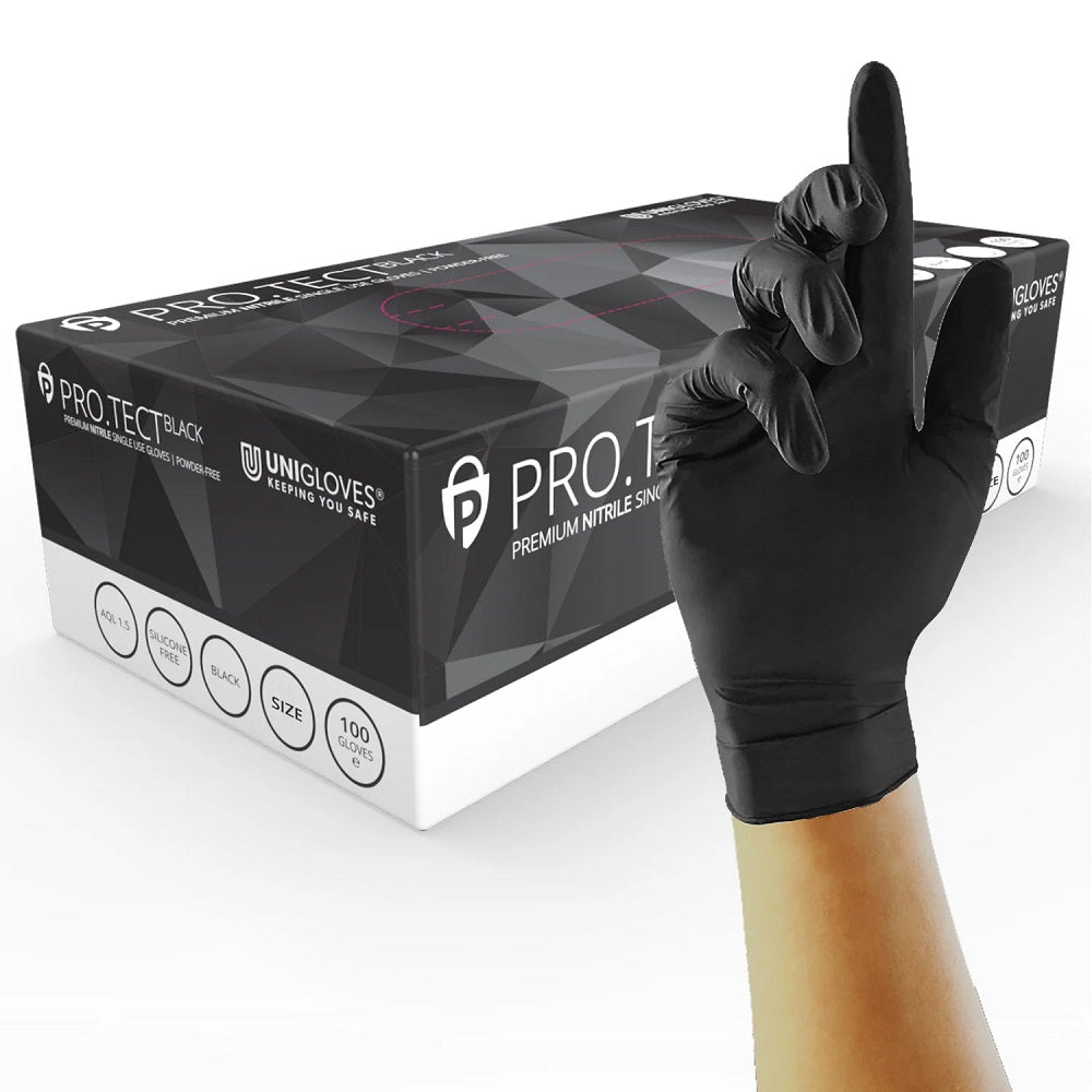 Unigloves Box 100 PRO TECT Black Heavy Duty Nitrile PF Disposable Glov