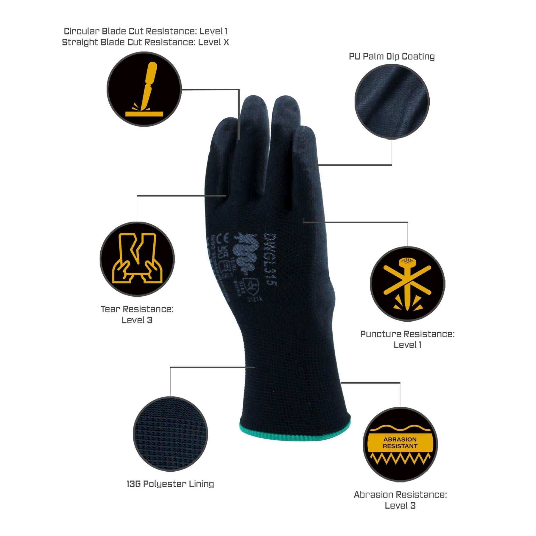 Warrior Black PU Grip Safety Work Gloves – Single Pair or Pack of 12 Warrior