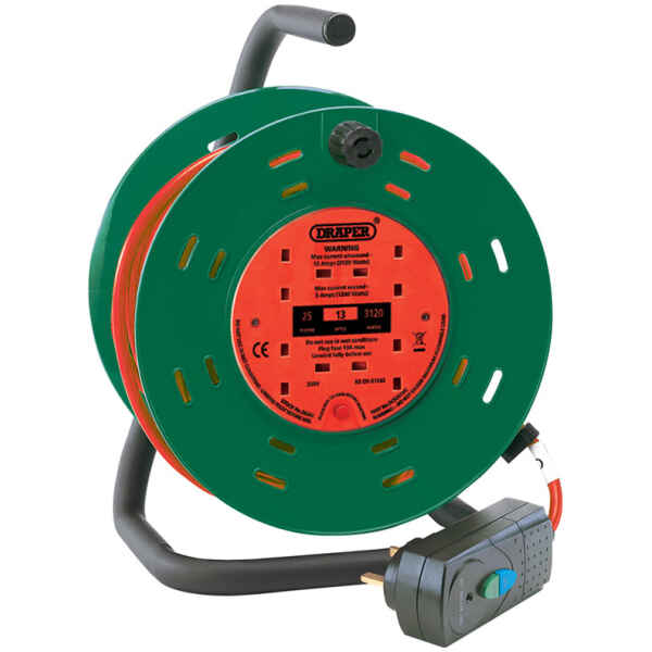 Draper 25M 230V Four Socket Garden Cable Reel with RCD Adaptor 26341-0