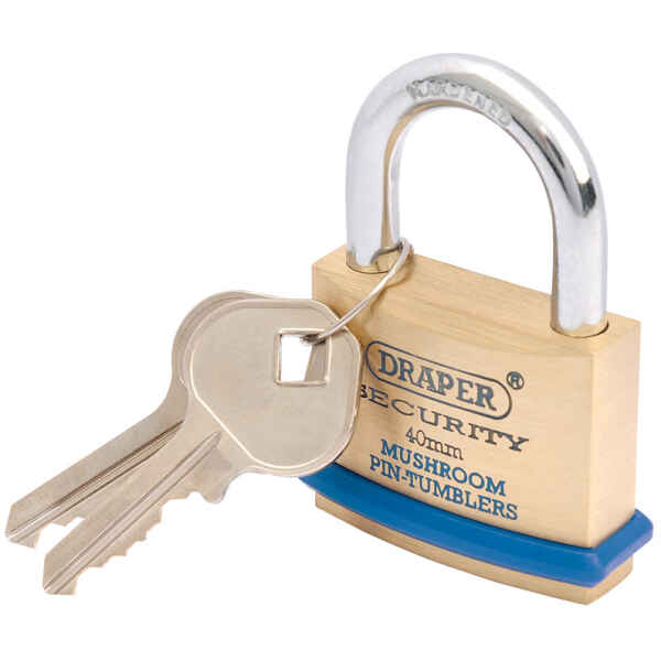 Draper 40mm Solid Brass Padlock and 2 Keys with Mushroom Pin Tumblers Hardened Steel Shackle and Bumper 64161-0