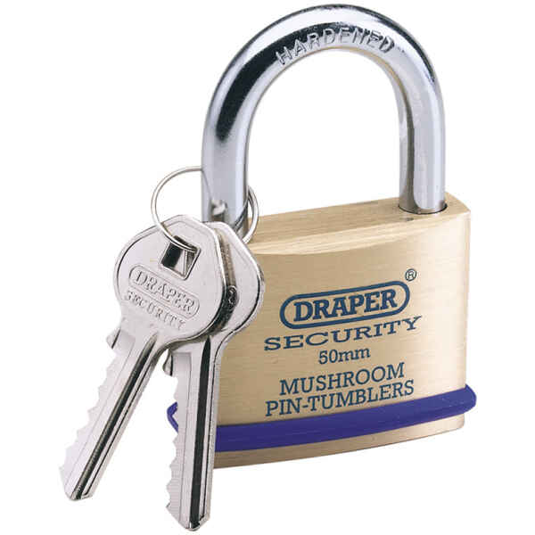 Draper 50mm Solid Brass Padlock and 2 Keys with Mushroom Pin Tumblers Hardened Steel Shackle and Bumper 64162-0