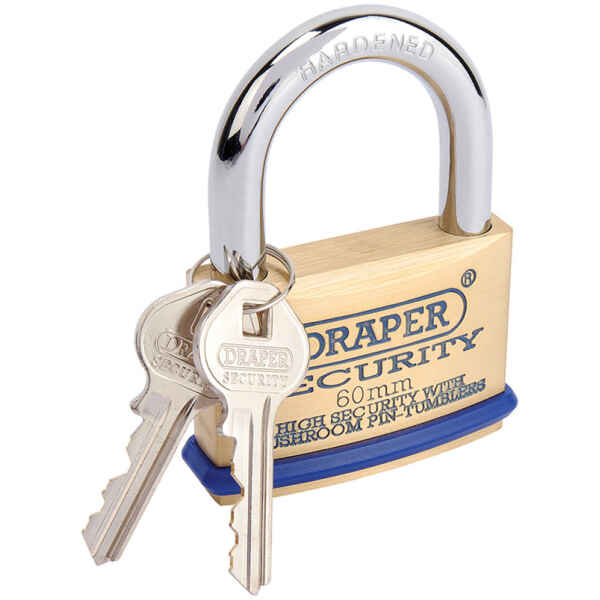 Draper 60mm Solid Brass Padlock and 2 Keys with Mushroom Pin Tumblers Hardened Steel Shackle and Bumper 64163-0
