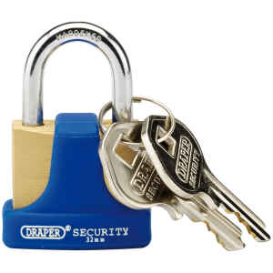 Draper 32mm Solid Brass Padlock and 2 Keys with Hardened Steel Shackle and Bumper 64164-0