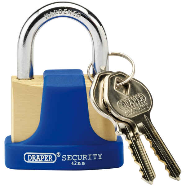 Draper 42mm Solid Brass Padlock and 2 Keys with Hardened Steel Shackle and Bumper 64165-0