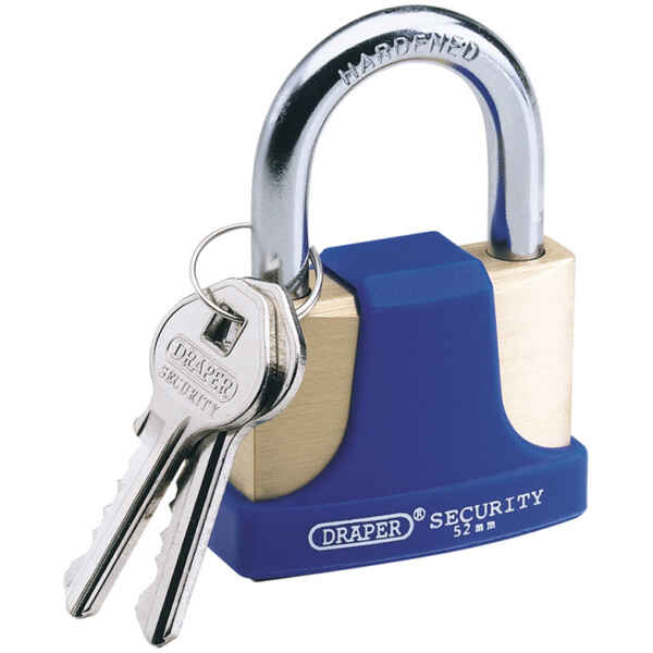 Draper 52mm Solid Brass Padlock and 2 Keys with Hardened Steel Shackle and Bumper 64166-0