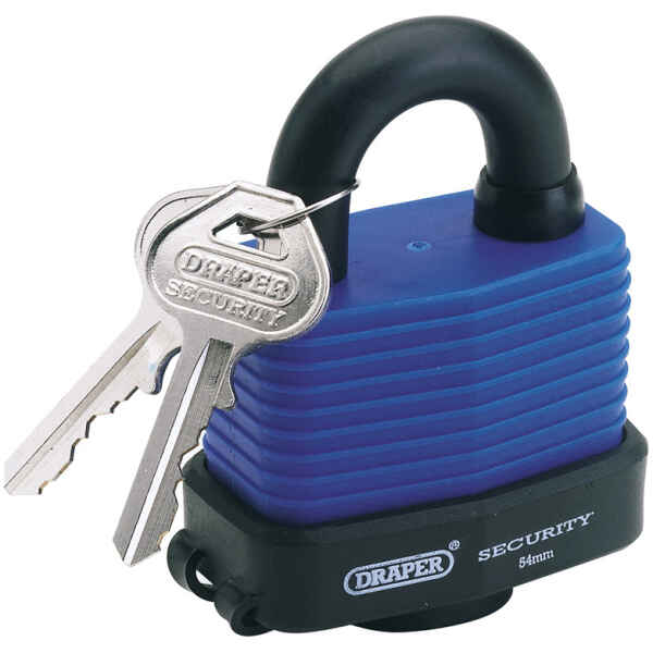 Draper 54mm Laminated Steel Padlock and 2 Keys with Hardened Steel Shackle and Bumper 64178-0