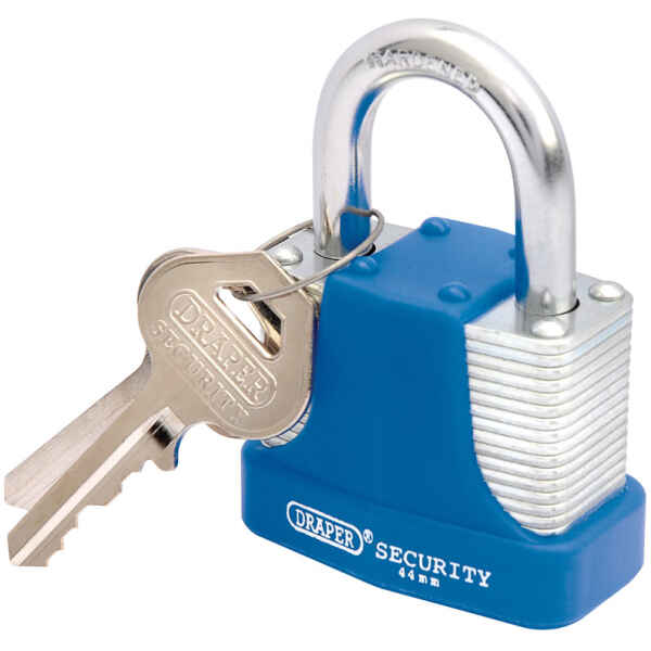 Draper 44mm Laminated Steel Padlock and 2 Keys with Hardened Steel Shackle and Bumper 64181-0