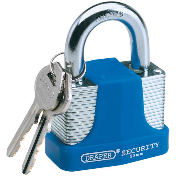 Draper 65mm Laminated Steel Padlock and 2 Keys with Hardened Steel Shackle and Bumper 64183-0