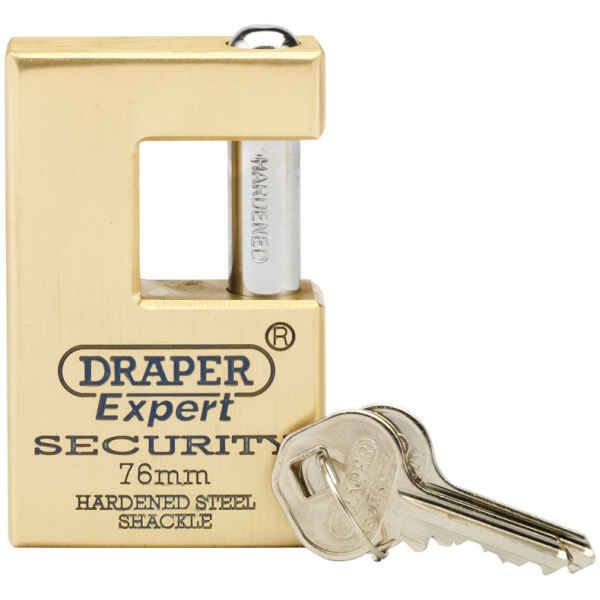 Draper Expert 76mm Quality Close Shackle Solid Brass Padlock and 2 Keys with Hardened Steel Shackle 64202-0