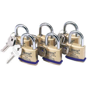 Draper Pack of 6 x 40mm Solid Brass Padlocks with Hardened Steel Shackle 67659-0