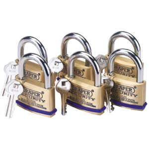Draper Pack of 6 x 60mm Solid Brass Padlocks with Hardened Steel Shackle 67663-0