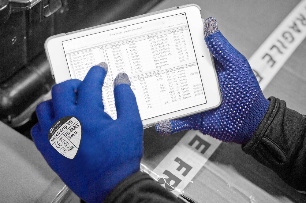 Polyco Matrix D Grip Touch Screen Work Gloves TS With Blue Palm PVC Dot Assembly Gloves 